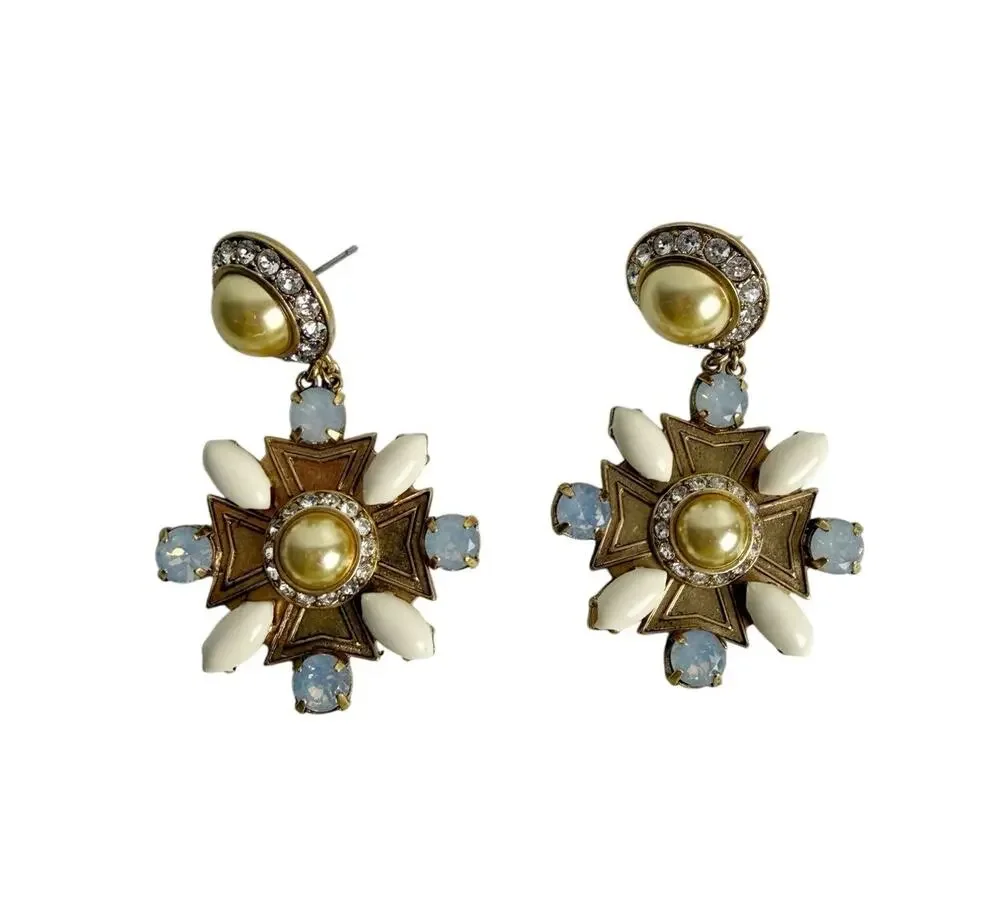 Tory Burch Selma Maltese Cross Gold Tone Earrings Pearl
